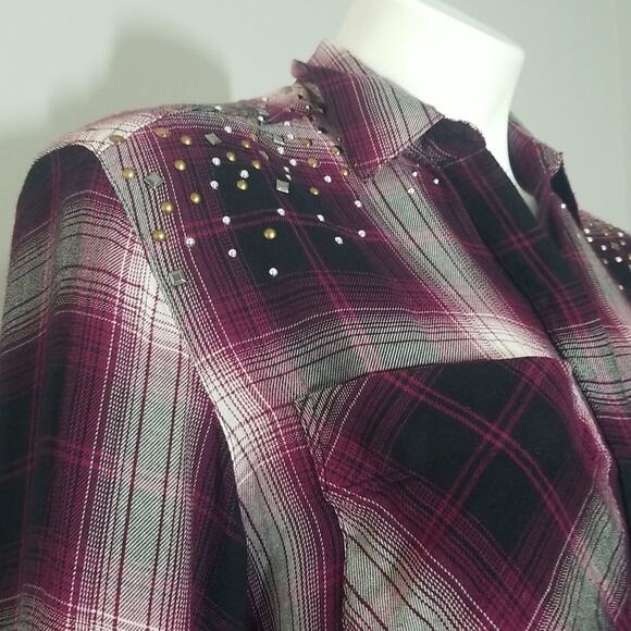 Express Soft Plaid Embellished Button Up Shirt - Picture 2 of 7